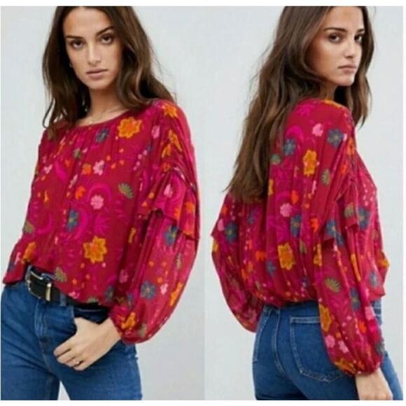 Free People Size Small Wildflower Honey Berry Floral Boho‎ Balloon Sleeve Blouse - Picture 1 of 12